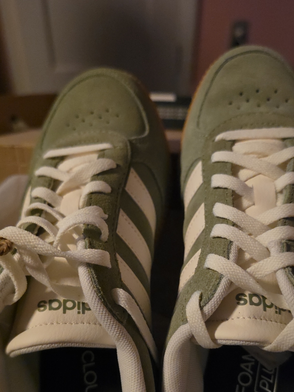 adidas Women Olive Green Suede Sneakers with White Stripes